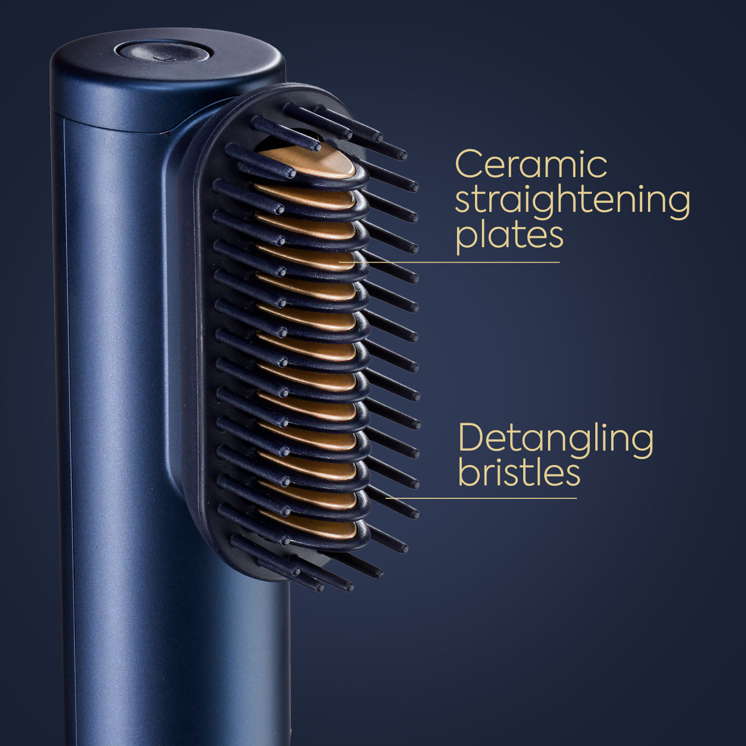 Air Wand Straightener close up, highlighting Ceramic Straightening Plates and Detangling Bristles